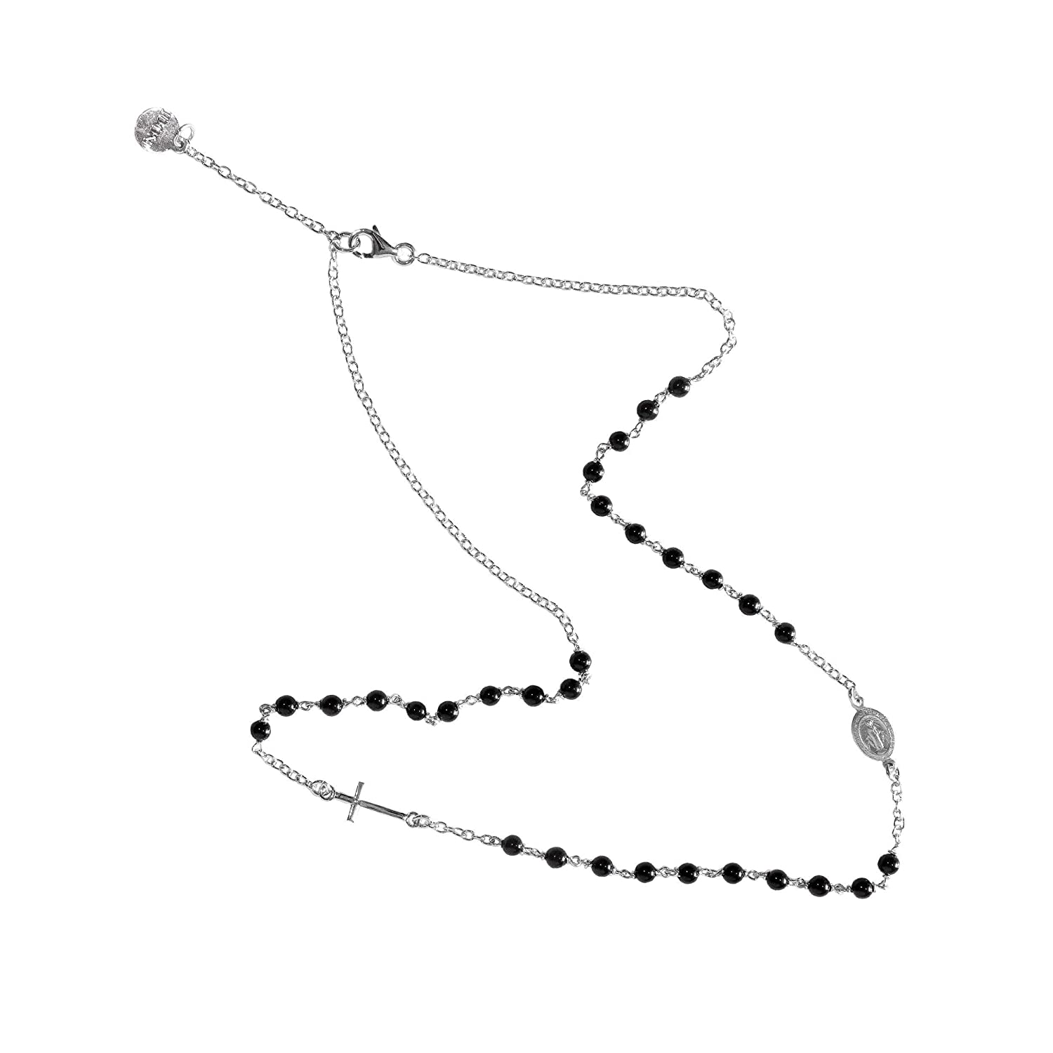 IDONI - Collana rosario girocollo rodiata, in argento 925%, con pietre in onice nero cm 43+3