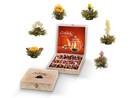Set regalo di Creano di Fiori di Tè in una Scatola di legno, „Tè bianco“ | 12 Fiori di Tè con 6 Tipi diversi