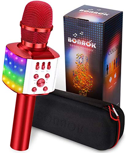 Microfono Karaoke Bluetooth Wireless, BONAOK Ricaricabile Bambini Karaoke con Luci LED Colorate Lampeggianti, 4 in 1 Kids Karaoke Microfono Festa a Casa Regalo di Natale per Android/iPhone (Rosso)