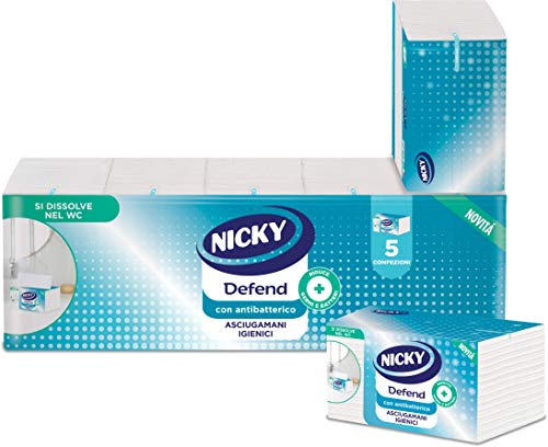 Nicky Defend Asciugamano con Antibatterico Monouso | 5 Confezioni da 100 Asciugamani a 2 Veli per Confezione | Morbido e Resistente | Rimuove Germi e Batteri | Carta 100% Pura Cellulosa Biodegradabile