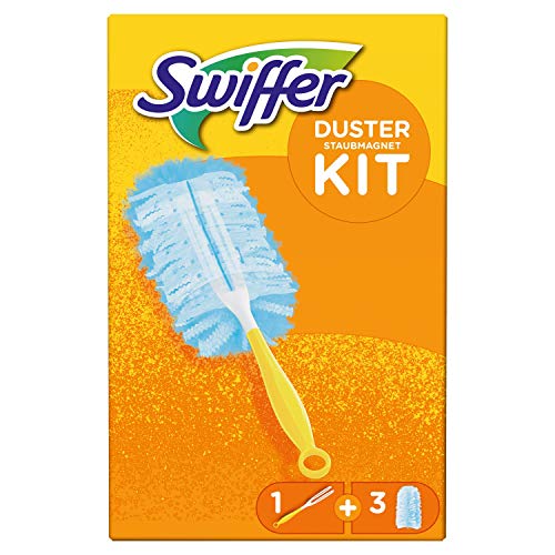 Swiffer Duster Kit con 1 Manico e 3 Ricambi, Intrappola e Blocca Fino a 3 Volte più Polvere e Peli Rispetto a Un Piumino Tradizionale