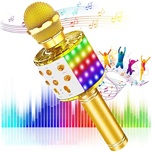 SaponinTree Microfono Karaoke Bluetooth Portatile, Microfono Bluetooth con Luce LED Altoparlante Funzione di Registrazione, Portatile per Bambini per Casa KTV Esterno Festa (Oro)