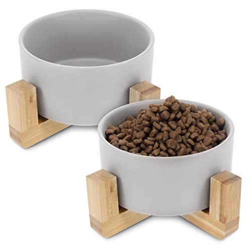 Navaris Ciotole per Cani e Gatti - 2 Ciotoline in Ceramica Rialzate con Supporti in bambù per Animali Domestici - Scodella Rialzata per Cane e Gatto