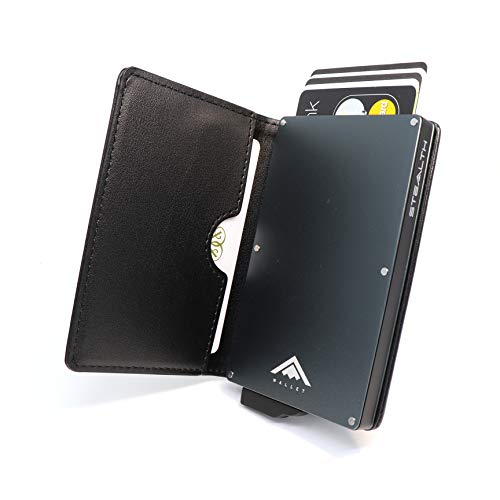 STEALTH WALLET Porta Carte RFID - Portafoglio Pop-up Minimalista - Portafogli Titolare della Carta Credito Leggero e Sottile e Protezione (Alluminio Grigio con Pelle Nera)