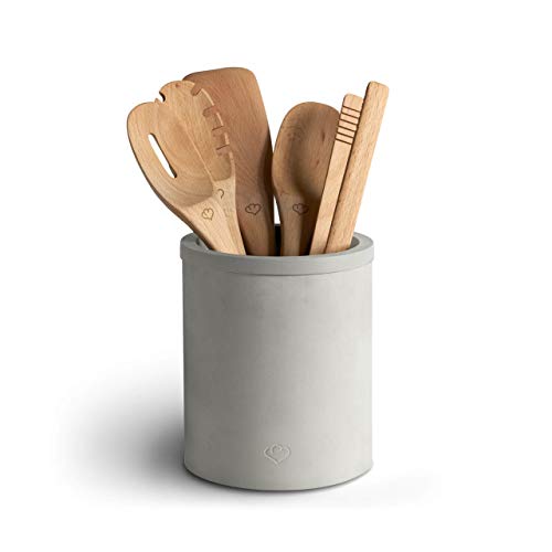 Set di Utensili da Cucina in Legno di Faggio, 100% Antibatterico e Insapore, 6 Pezzi: 2 Cucchiai da cucina diversi, Contenitore per Utensili da Cucina di Cemento, Paletta, Servispaghetti, Pinza