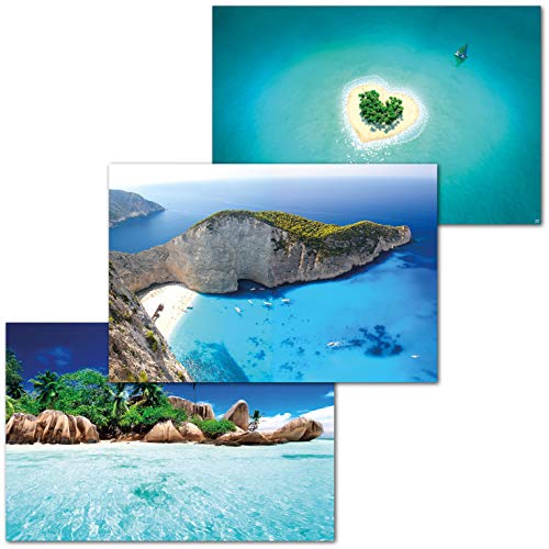 GREAT ART Set di 3 Poster XXL - Isole - Zakynthos Isola del Cuore Seychelles Naufragio Oceano Motivo Caraibico Decorazione Murale Vacanza Manifesti Carta da Parati cadauno 140x100cm