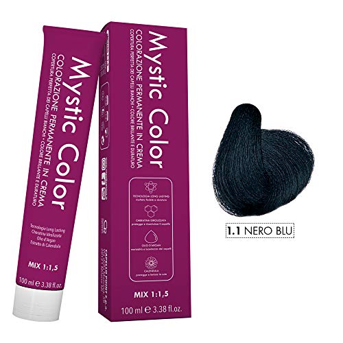 Mystic Color - Colorazione Permanente in Crema con Olio di Argan e Calendula - Tinta per Capelli Long Lasting - Colore Nero Blu 1.1-100ml