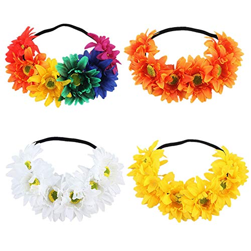 4 pezzi corona di fiori colorata fiore artificiale sole fascia donne boho fascia fiore festival di nozze ghirlanda accessori copricapo per femmina/ragazza