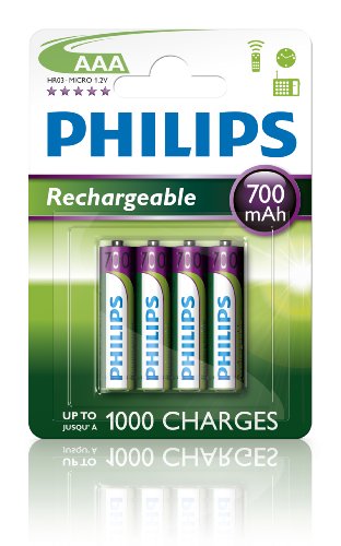 Philips R03B4A70/10 Rechargeables Batteria AAA, 700 mAh, Confezione da 4 Pezzi