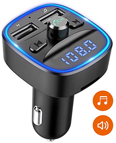 Cocoda Trasmettitore Bluetooth per Auto, [Blue Ambient Ring Light] Kit Vivavoce Bluetooth con Chiamata a Mani Libere, Caricatore USB Doppio 5V / 2.4A e 1A, Scheda SD di Supporto, Disco USB