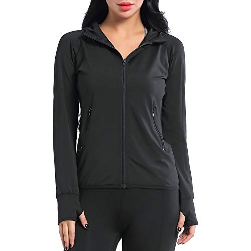 AMZSPORT Donna Felpa Sportiva Manica Lunga Giacca con Cappuccio con Zip Slim Fit con Fori per i Pollici e Tasche Laterali Nero XXL