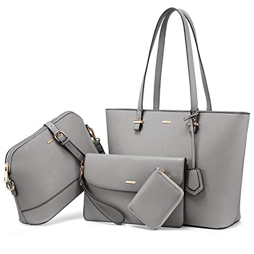 LOVEVOOK Borsa Donna Borsa Tracolla Borse a Mano Portafoglio Pacchetto di carte Borsa per donna grande Borsa per ufficio Scuola Shopping Viaggio 4 pezzi Set Grigio