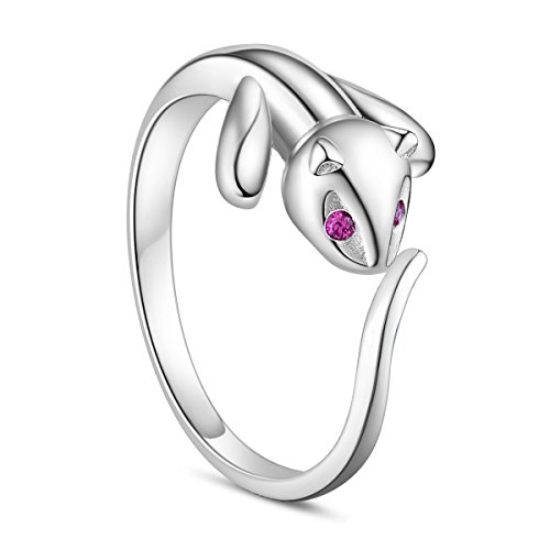 SHEGRACE Anello Donna Delfino, Serpente Malva, Disegno del Gatto in Argento 925 + Zirconia 3A, Platino, 15mm, Regolabile