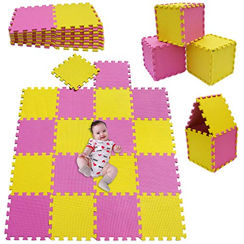 MSHEN Tappeto Puzzle con Certificato CE e Certificazione in Soffice Schiuma Eva | Tappeto da Gioco per Bambini | Tappetino Puzzle...dimensione1.62 mq,rosa-giallo-CEg18