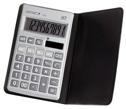 Genie 330 - Calcolatrice tascabile Business con display a 10 cifre e coperchio, design classico, grigio/argento