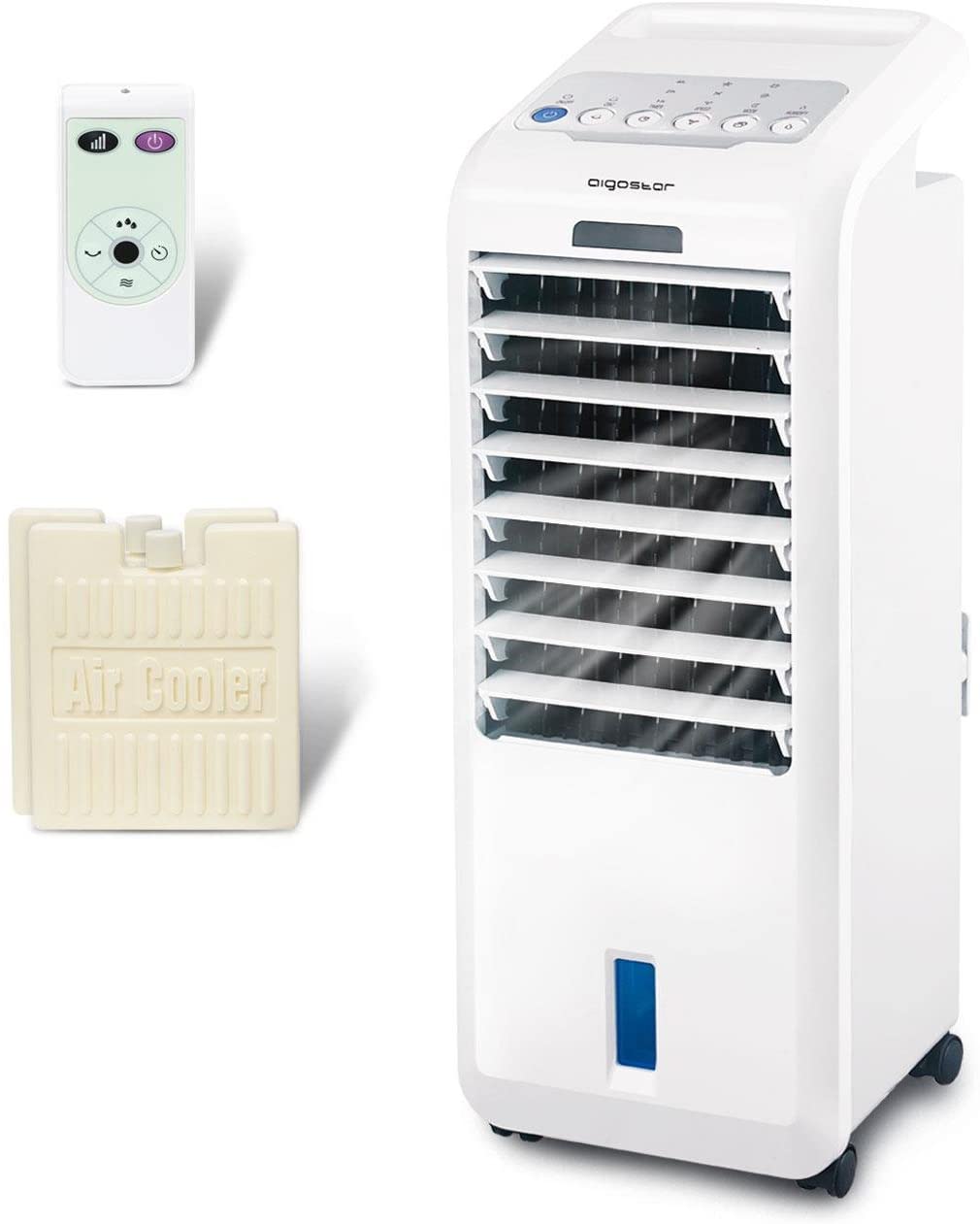 Aigostar 33JTL - Raffrescatore Evaporativo, Refrigeratore e purificatore d'aria. 55W, 3 modalità selezionabile con telecomando. Timer 7 ore. 5 litri. 2 blocchi ghiaccio inclusa.