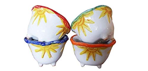 VASI COLORATI CON PIEDINO (SET DI 4 PEZZI) PER PIANTE E FIORI IN CERAMICA ARTISTICA DI VIETRI DIPINTI A MANO (MAIOLICA- MADE IN ITALY DI VASERIE RINALDI); DIAMETRO CM. 13, ALTEZZA CM. 8