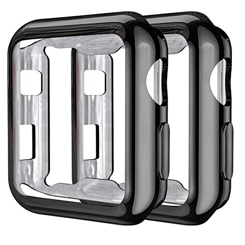 Upeak Compatibile con Apple Watch Series 3 Custodia 38mm, 2 Pacchi Protettiva in Morbido TPU Compatibile con iWatch Series 1/2/3, Nero/Nero