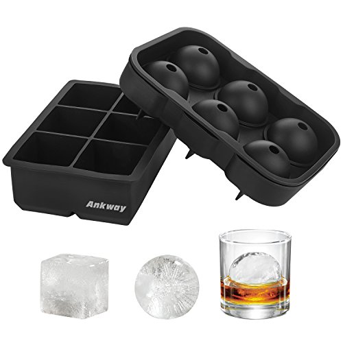 Ankway Set di 2 Stampi Per Ghiaccio In Silicone Di Grandi Dimensioni, Formine In Silicone Per Cubetti Di Ghiaccio Senza BPA, Stampi per Sfere & Cubetti Di Ghiaccio per Whisky, Cocktail e Scotch Nero