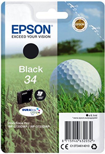 Epson 34 Serie Pallina da Golf, Cartuccia Originale Getto d'Inchiostro DURABrite Ultra, Formato Standard, Nero, con Amazon Dash Replenishment Ready