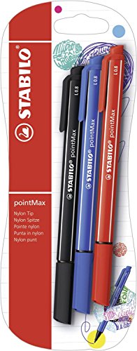 Fineliner Premium - STABILO pointMax - punta in nylon - Pack da 3 - Nero/ Blu Oltremare/Carminio