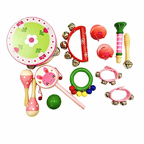 PAMRAY Strumenti Musicali Bambini Percussioni Legno Mini Ritmo Giocattoli Maracas Sonaglio Tamburello Instruments Musica Educativo Toy Rosa