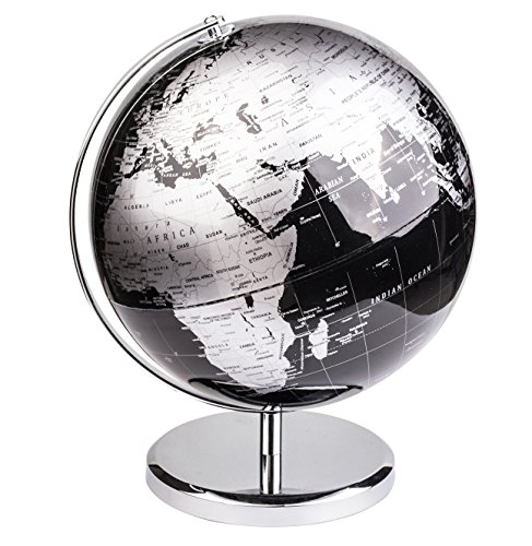 Exerz 30CM Mappamondo/World Globe/Globo in Inglese - Decorazione Desktop/Educazione/Geografica/Moderna - Con Base in Metallo - Nero Metallizzato
