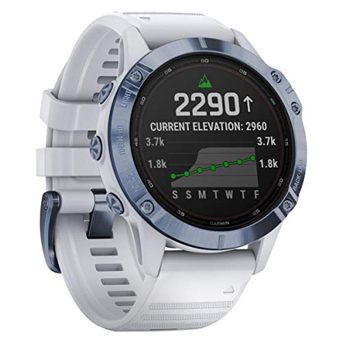 Garmin fēnix 6 Pro Solar, 47mm Titanio Blu Minerale con Cinturino Bianco Pietra - GPS Smartwatch con Ricarica Solare, Display a Colori, App Multisport, Bussola, Barometro e Altimetro 010-02410-19