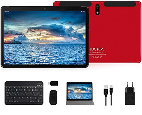 Tablet 10 Pollici Android 10.0 Ultra-Portatile Tablets - RAM 4GB | 64GB Espandibile(Certificazione GOOGLE GSM) -JUSYEA - 8000mAh Batteria - Doppia SIM & WIFI Offerte—Mouse | Tastiera (Rosso)