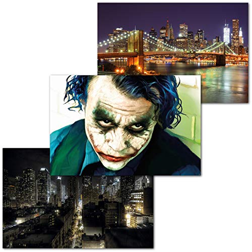GREAT ART Set di 3 Poster XXL - Joker in Città - Joker Comic Figure Film Immagine Manhattan di Notte Brooklyn Gotham City Decorazione Interni Murale cadauno 140 x 100 cm