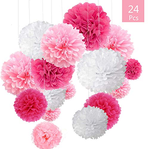 O-Kinee Pompon di Carta Rosa, 24 pz Paper Flower Ball Kit, Decorazioni per Matrimonio Festa di Compleanno Decorazione