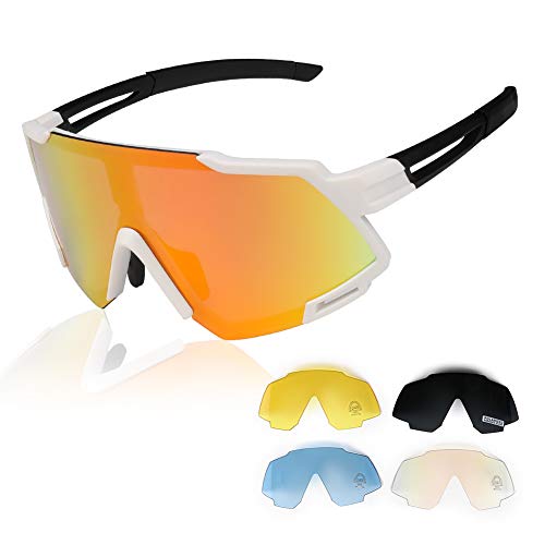 GARDOM Occhiali da Ciclismo Polarizzati, Occhiali da Sole Sportivi, Anti-UV con 5 Lenti Intercambiabili per Corsa Pesca Arrampicata Sci Vacanze (Bianco-4 Lenti)