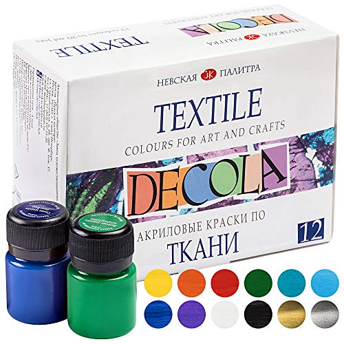 Decola Set Colori Per Tessuti | 12x20ml Tempere Per Tessuti Resistenti Ai Lavaggi In Lavatrice | Prodotti in Russia da Neva Palette