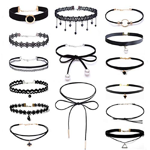 Set di collane a girocollo per donna, stile gotico classico, in velluto, stretch, tattoo, pizzo ecc.,15 pezzi, nero