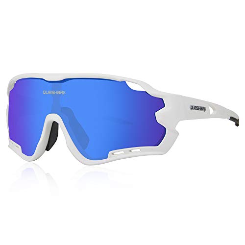 Queshark Polarizzati Occhiali Ciclismo con 4 Lenti Intercambiabili Occhiali Bici Occhiali Sportivi da Sole Anti UV da Uomo Donna per Corsa,MTB (Bianca)