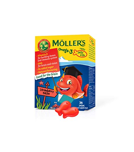 Moller’s ® | Omega 3 Per Bambini | Olio di pesce omega-3 naturale | Con DHA ed EPA, Senza glutine, lattosio o zuccheri aggiunti | Facili da masticare | gusto fragola | 36 pezzi