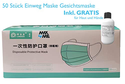 Max 4 me LINDOO - 50 protezioni per bocca e naso, monouso in tessuto non tessuto a 3 strati, non sterile, delicato sulla pelle, con elastici, colore: blu