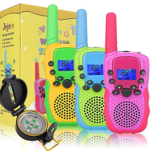 Jojoin 3 PCS Walkie Talkie Bambini, Walky Talky con Bussola Speciale, 3KM Lungo Raggio, 8 Canali Radio, Torcia LCD Retroilluminata, Giocattoli All'aperto al Coperto, Regali per 3-12 Ragazze o Ragazzi