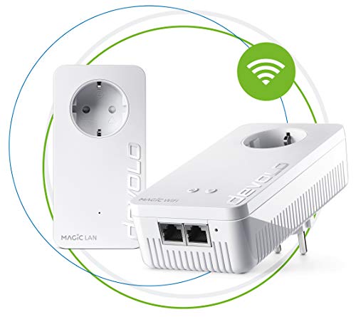 Devolo Magic 1 WiFi: Powerline con funzione WLAN, WiFi fino a 1200 Mbit/s AC, 2x Adattatore Pro Fast Ethernet allacciamento LAN, presa di corrente integrata, Mesh WiFi, Access Point, bianco