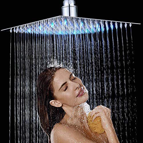 Rozin - Soffione da doccia a LED, 30 cm, quadrato, cromato, ultra sottile, per bagno, in acciaio inox 304 a 3 strati, sensore di temperatura, 3 colori cangianti