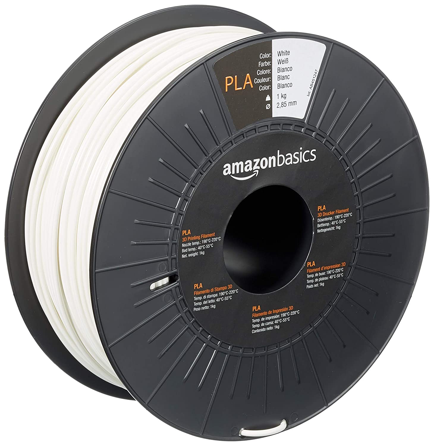 AmazonBasics - Filamento per stampanti 3D, in polilattato (PLA), 2,85 mm, bianco, 1 kg per bobina