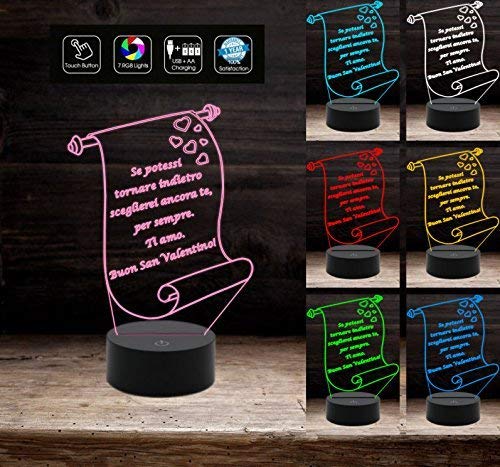 Lampada led 7 colori PERGAMENA personalizzabile con frase Idea Regalo San Valentino Anniversario Compleanno multicolore