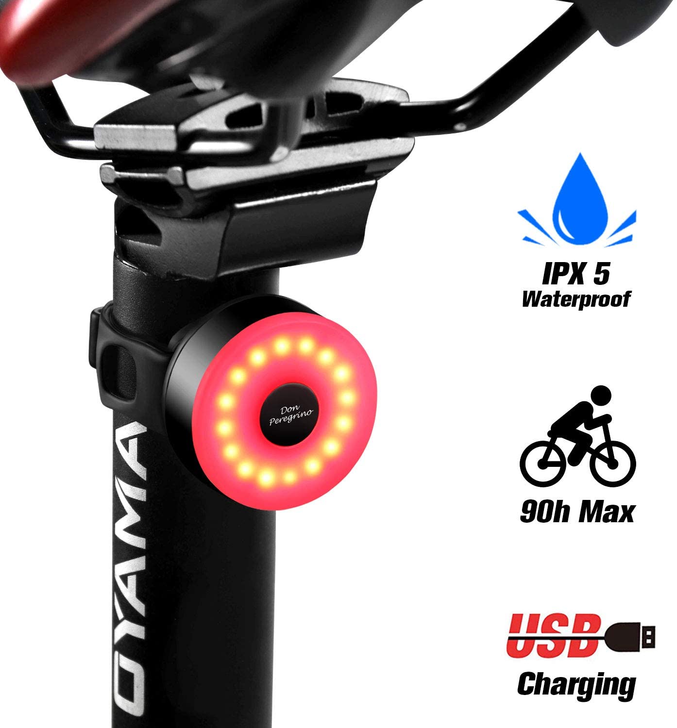 DONPEREGRINO M2 - LED Luce Bici Fino a 90 Ore di Illuminazione, Fanale Posteriore Bicicletta Ricaricabile USB con 5 modalità Fisse Flash