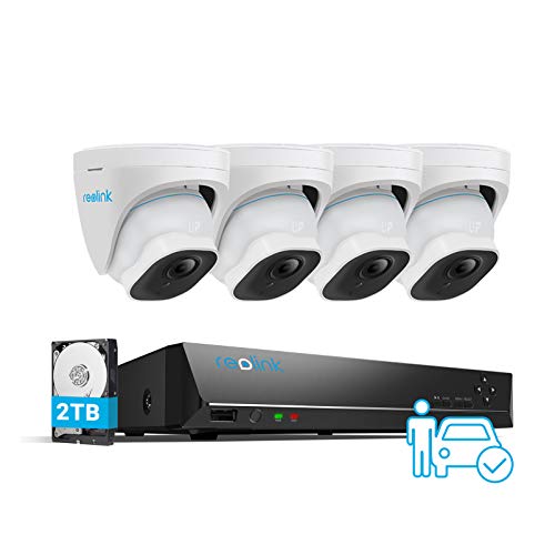 Reolink 4K Poe H.265 CCTV Sistema di Sorveglianza, 4X8MP Rilevamento Intelligente Persone/Veicoli Telecamera Poe, 8CH 2TB HDD NVR, 24/7 Registrazione, Audio, Impermeabile, RLK8-820D4-A