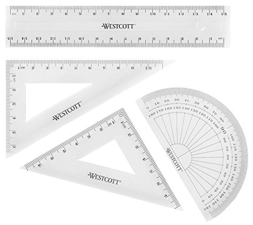 Westcott E-10303 00 Set matematica, 4 pezzi, plastica, trasparente, righello da 15 cm e goniometro