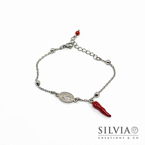 Bracciale catena acciaio con cornetto rosso e charm madonna