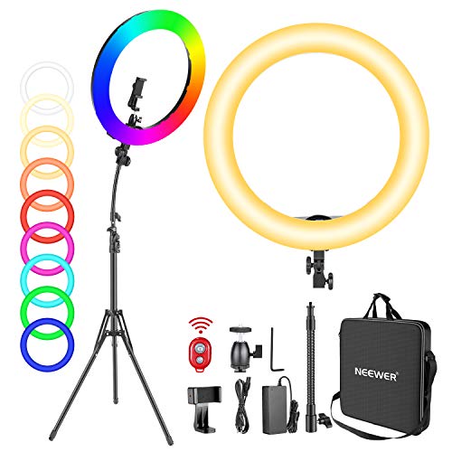 Neewer 18” Luce Anulare RGB 288 Bulbi LED da Selfie con Supporto Clip per Smartphone, Telecomando & Stativo, Dimmerabile & 9 Modalità di Scene, per Truccatura Streaming YouTube TikTok Twitter ecc.