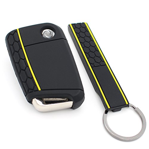 Finest Folia, custodia portachiavi + Keytag per chiavi dell’auto a 3 pulsanti, cover di di silicone nero/giallo