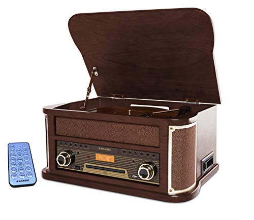 Majestic TT 47 DAB - Giradischi 33/45/78 giri, Bluetooth, Radio DAB+ e Fm, Lettore CD/MP3, Ingresso Usb, Cassetta, Telecomando, marrone