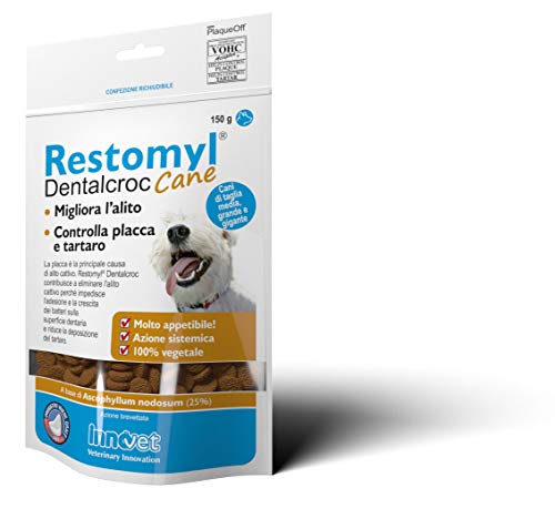 Innovet Restomyl Dentalcroc, Migliora l'alito. Controlla placca e tartaro dei cani - Confezione con busta da 150 g
